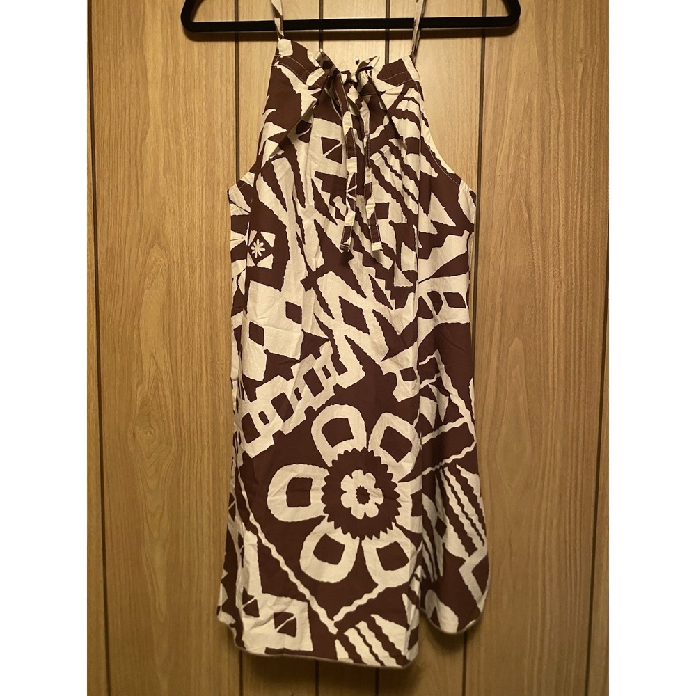 NWT BDG Eva Tiki Geo Print Mini Dress Brown Cream Cotton Tie Neck Size L